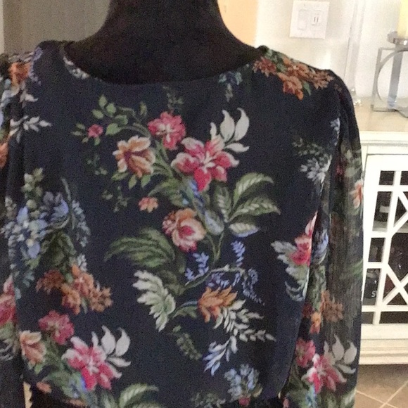 HAVER London floral print smocked waist top, black background, size large - Picture 7 of 11